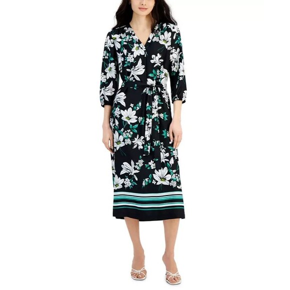 Jones New York Women's Mixed-Print V-Neck Midi Dress, Jones Blackkelly Green L - Picture 1 of 4